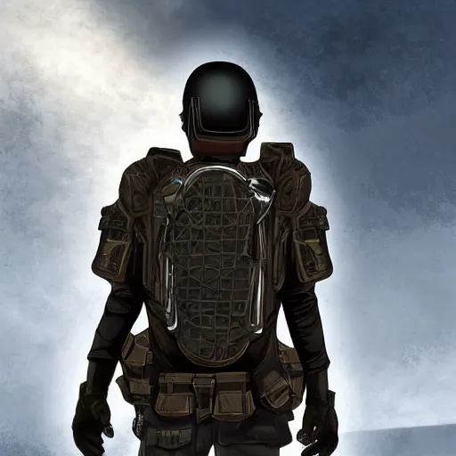 Prompt: futuristic insurgent wearing black helmet, brown cloak, technical vest, and a backpack, photorealistic, digital art