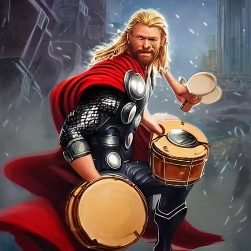 Image similar to thor playing the bongos, comic style by guweiz and stanley artgerm, extremely high quality artwork, very detailed, trending on artstation