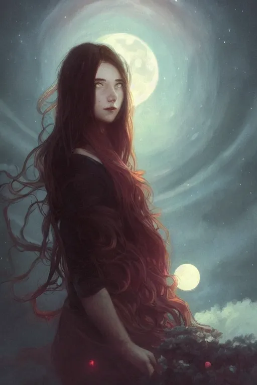 Prompt: long hair, red eyes, portrait, girl, cloud and moon night background, night, high detail, concept art, digital art, illustration, smooth, sharp focus, greg rutkowski, alphonse mucha, trending on artstation, trending on deviantart,