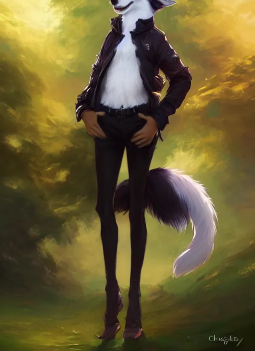 Prompt: wide angle full body portrait of a cute male anthropomorphic border collie fursona wearing a jacket in front of a park, character design by charlie bowater, henry asencio, and ross tran, furry art, furaffinity, scenic background, intricate, elegant, beautiful, fantasy, glamor pose, detailed, trending on artstation