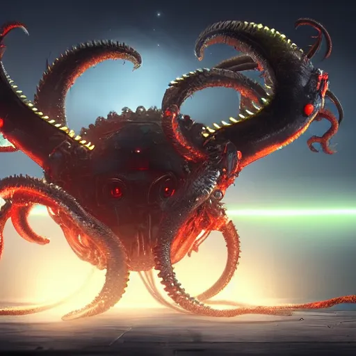Image similar to a demonic robot kraken with glowing red eyes flying at night, full moon, artstation, highly detailed, 4k
