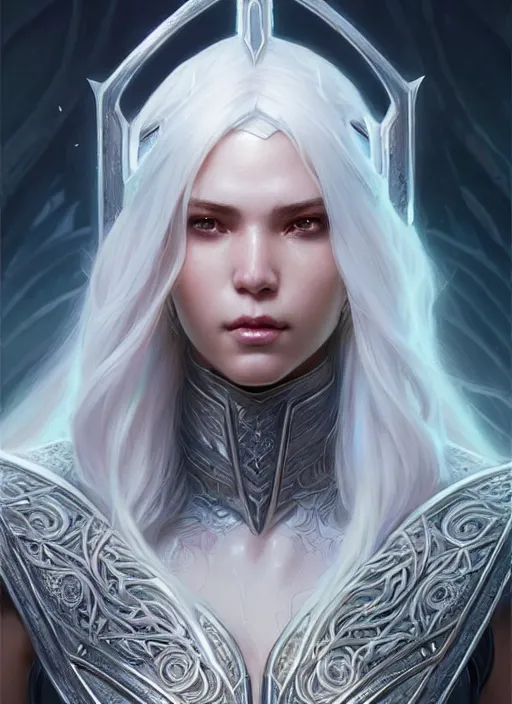 Image similar to light opal armor!!! long wild white hair!! covered chest!!! fantasy, d & d, intricate ornate details, digital painting, pretty face!!, symmetry, concept art, sharp focus, illustration, art by artgerm! greg rutkowski magali villeneuve wlop! ilya kuvshinov!!, octane render