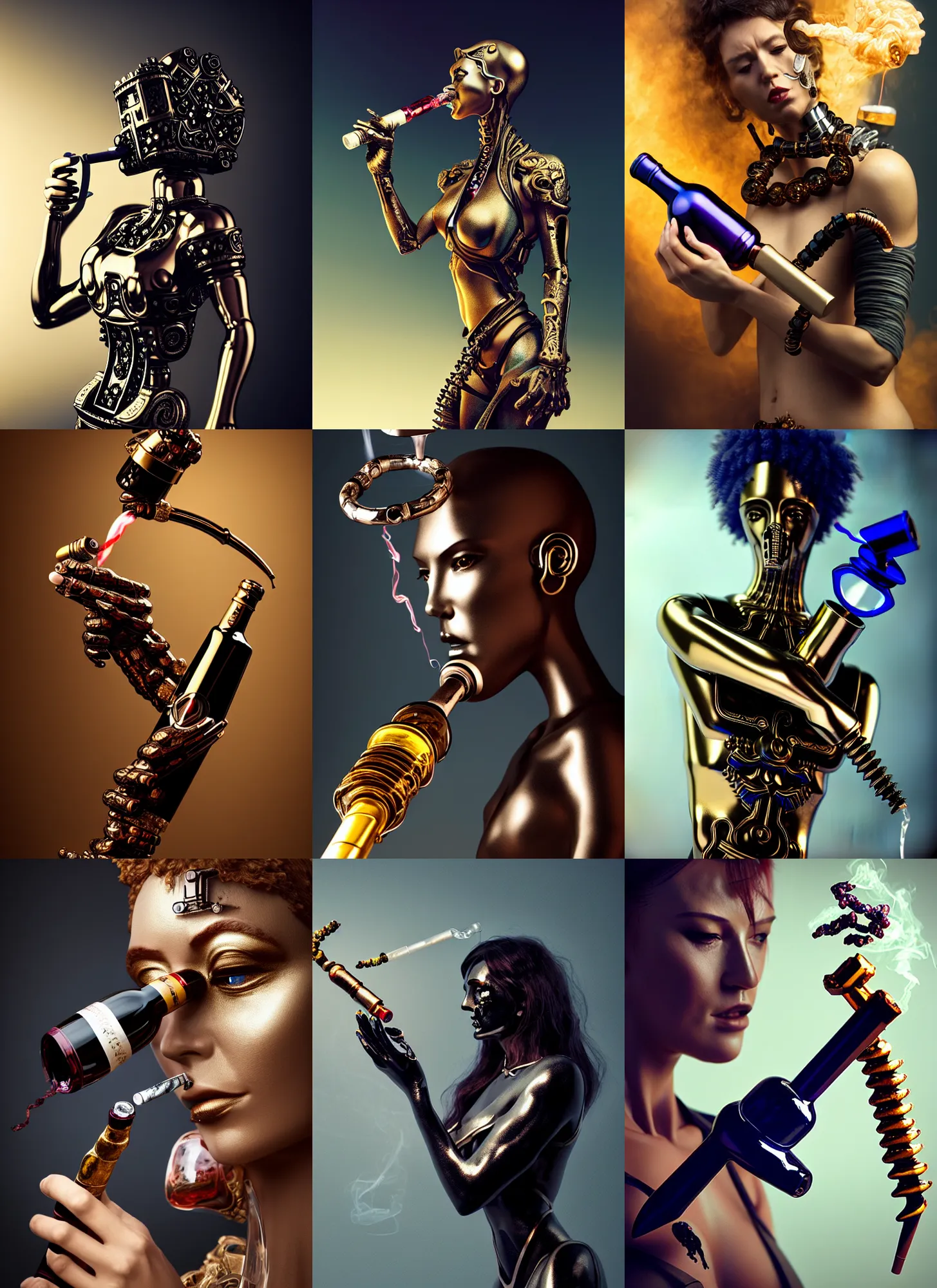 Prompt: obsidian corkscrew cyborg smoking a wine bong | exoric jewelry | glamorous oily soft polished rich alluring ornate modern | weta disney movie still photo | hi - fructose, sci fi fantasy, golden ratio, smooth, octane render, sharp focus, artstation, concept art | beeple, rhads, artgerm, mucha, rutkowski |