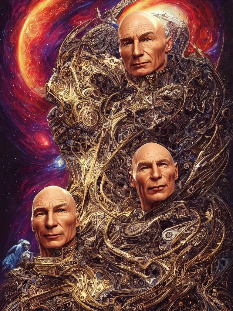 Prompt: fullbody portrait. very complex hyper-maximalist overdetailed cinematic cosmic scifi portrait of an elegant very attractive Captain Picard of the universe by andrei riabovitchev, tomasz alen kopera, oleksandra shchaslyva and peter morbacher. Extremely ornated and decorative. Fancy luxury beautiful. Omnious intricate. Secessionist portrait illustration. Goddess of the sky. Focus on face. Artstation. Deviantart. 8k 4k 64megapixel. Rendered by binx.ly.