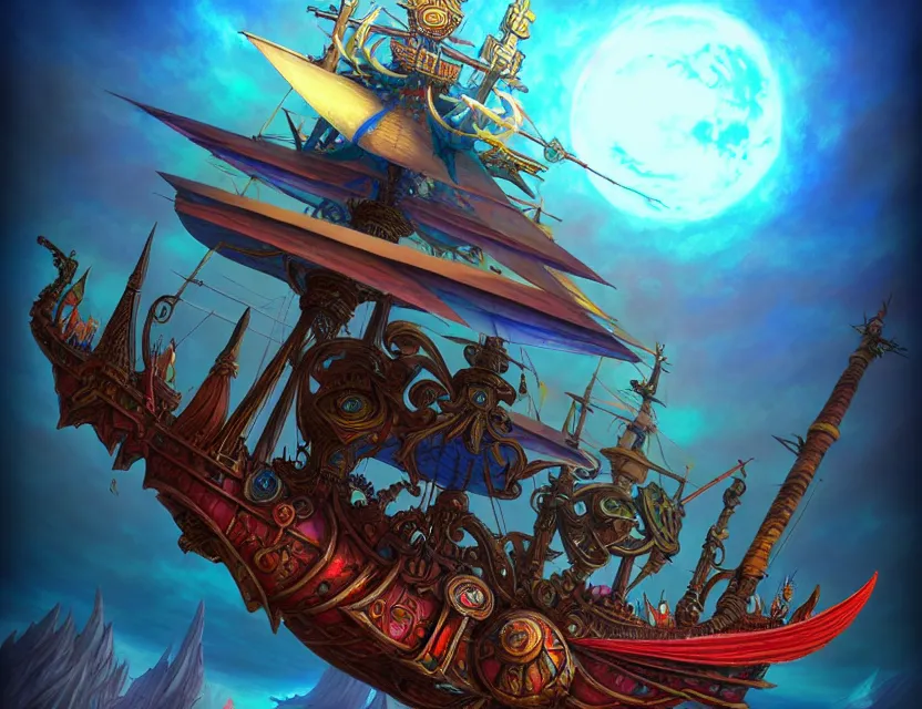 Image similar to the flying spelljammer galleon soars through the planes, amazing d & d planescape style art, trending on artstation, colorful, intricate, art by kev chan, fantasypunk, deep colors, cgsociety