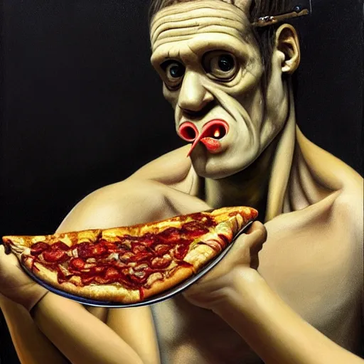 Image similar to hyper realistic painting of frankenstein eating a slice of pizza with his mouth wide open