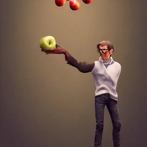 Image similar to a highly detailed epic cinematic concept art CG render digital painting artwork costume design: Steve Jobs as a student in a 1970s hippie costume holding a bitten apple. By Greg Rutkowski, Ilya Kuvshinov, WLOP, Stanley Artgerm Lau, Ruan Jia and Fenghua Zhong, trending on ArtStation, made in Maya, Blender and Photoshop, octane render, excellent composition, cinematic atmosphere, dynamic dramatic cinematic lighting, aesthetic, very inspirational, arthouse