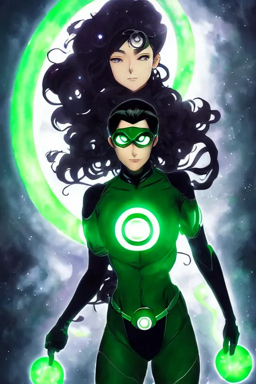 Image similar to anime key visual of a beautiful young female green lantern!! intricate, green and black suit, glowing, powers, dc comics, cinematic, stunning, highly detailed, digital painting, artstation, smooth, hard focus, illustration, art by artgerm and greg rutkowski and alphonse mucha