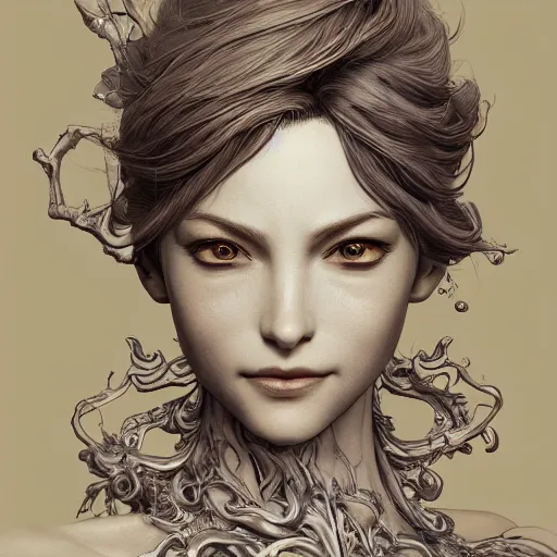 Image similar to the face of an absurdly beautiful, graceful, elegant, sophisticated mature woman of blueberries, an ultrafine hyperdetailed illustration by kim jung gi, irakli nadar, intricate linework, bright colors, octopath traveler, final fantasy, unreal engine 5 highly rendered, global illumination, radiant light, detailed and intricate environment