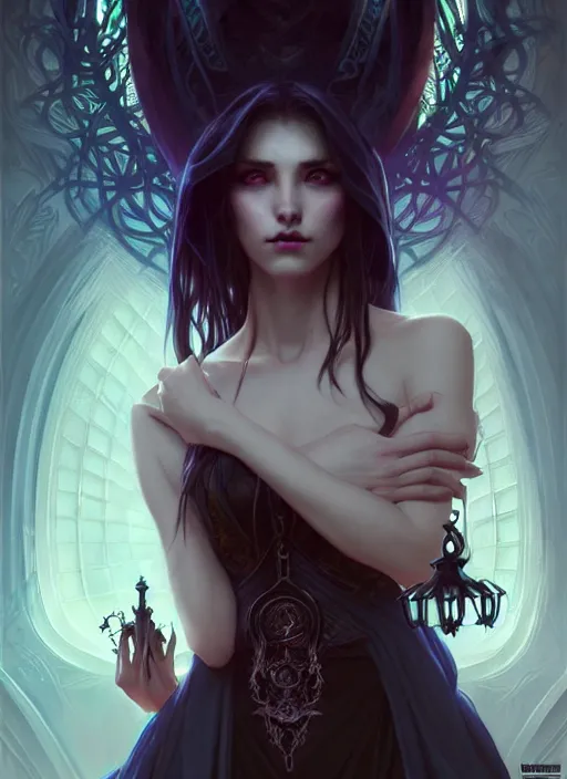 Image similar to Necromancer Sorceress, fantasy magic, undercut hairstyle, dark light night, intricate, elegant, sharp focus, illustration, highly detailed, digital painting, concept art, matte, art by WLOP and Artgerm and Greg Rutkowski and Alphonse Mucha, masterpiece