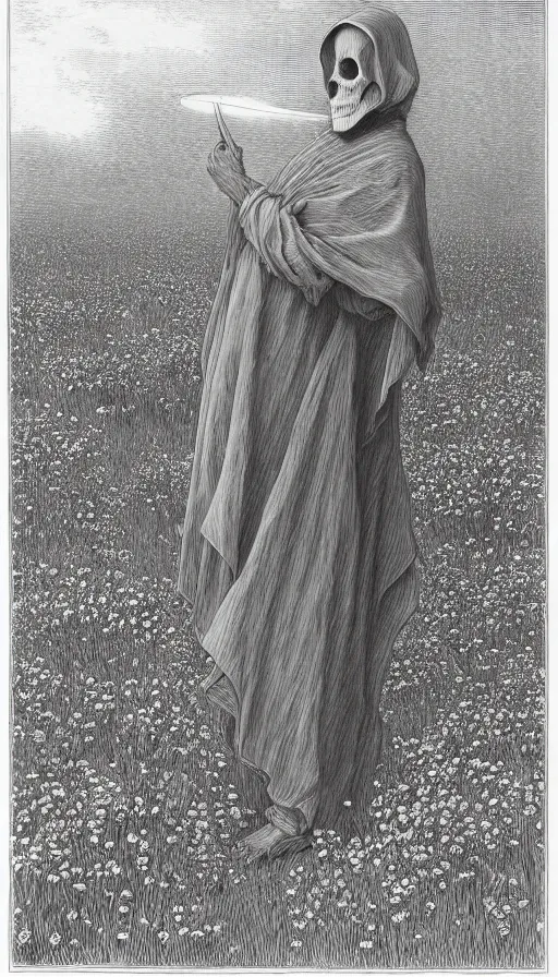 Image similar to grim reaper with no face at distance in beautiful meadow of flowers, detailed pencil illustration by gustave dore, highly detailed, centered, high resolution, smooth, sharp focus, illustration