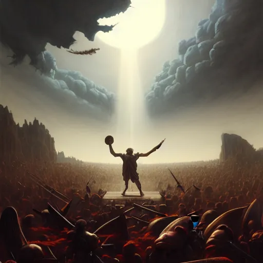 Image similar to highly detailed painting of julius caesar fighting a looming demigod, dramatic, sense of scale, stephen bliss, unreal engine, greg rutkowski, ilya kuvshinov, ross draws, hyung tae and frank frazetta, tom bagshaw, tom whalen, nicoletta ceccoli, mark ryden, earl norem, global illumination, god rays, windswept