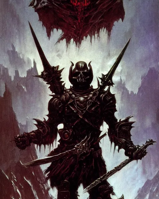 Image similar to the death knight by Frank Frazetta. Thomas Cole and Wayne Barlowe