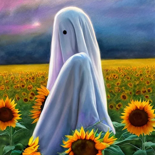 Prompt: Bedsheet Ghost in a field of sunflowers, sunset, Watercolor, photorealistic, high resolution, award winning, trending on artstation, art by artgerm