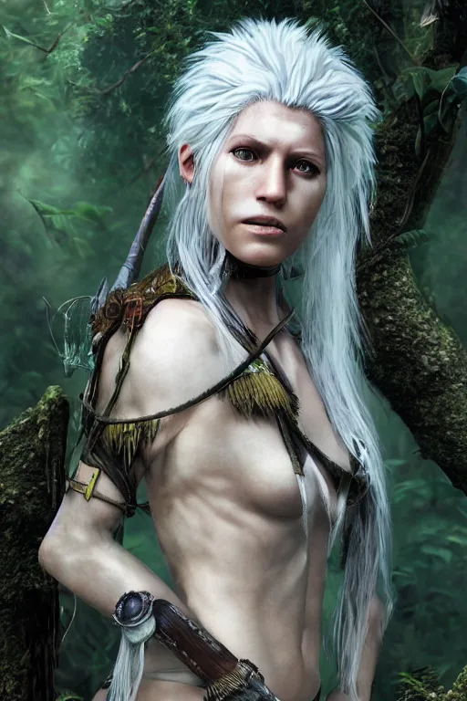 Prompt: photorealistic digital painting of a celtic warrior woman with white hair in a jungle by greg rutkowsky and conrad rosed and yoshitaka amano rendered in octane