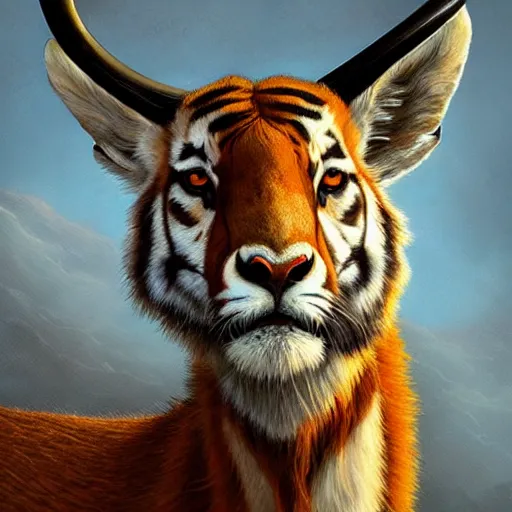 Prompt: a dramatic head portrait of a antelope in!! tiger skin, cinematic lighting, symmetric face by karol bak, christopher balaskas