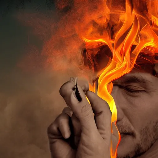 Image similar to A man with fires coming out of his eyes having a smoke, detailed digital art