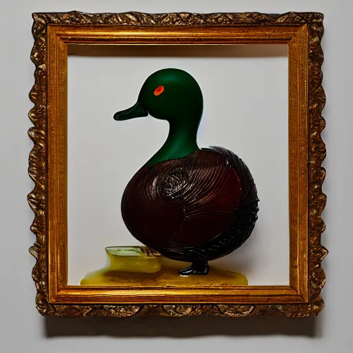 Prompt: a glass sculpture of duck with a painting in background, studio lighting