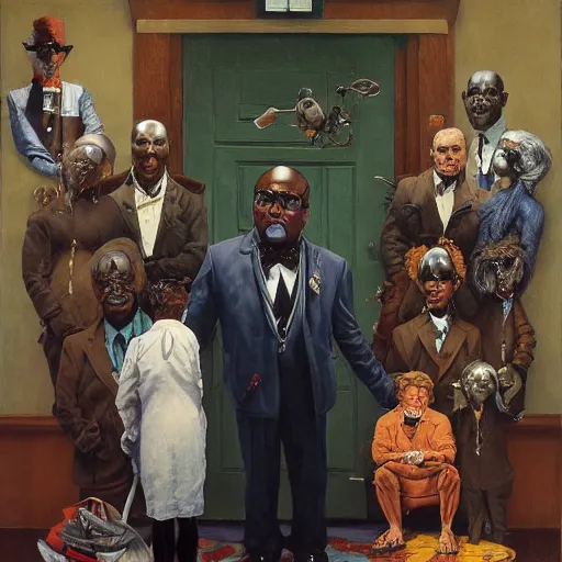 Image similar to dr. uncle ruckus telepathic space lord regally stands at the doorway of his palatial manse jamie wyeth greg rutkowski ralph steadman fernando botero norman rockwell acrylic painting