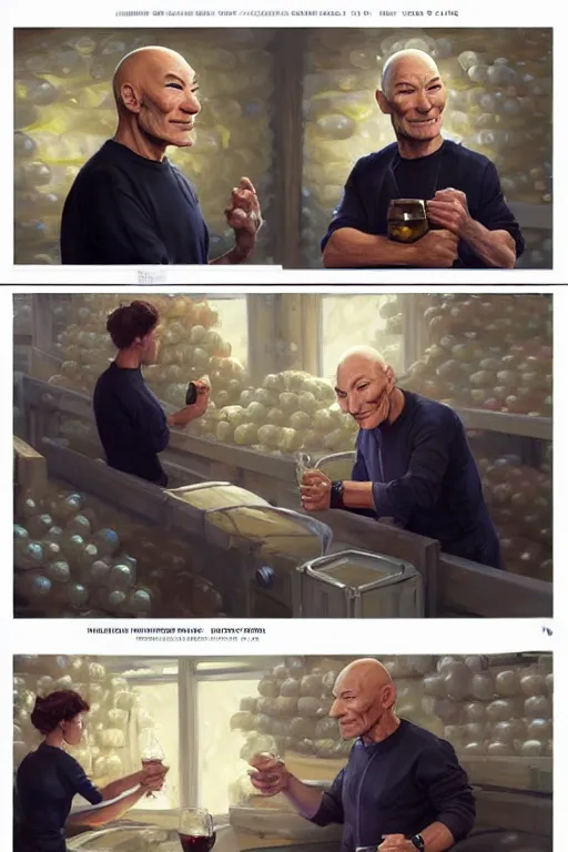 Image similar to patrick stewart working in a winery, animation pixar style, by magali villeneuve, artgerm, jeremy lipkin and michael garmash, rob rey and kentaro miura style, golden ratio, trending on art station