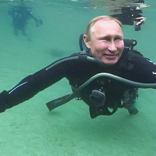 Prompt: putin below water scubadiving while smiling