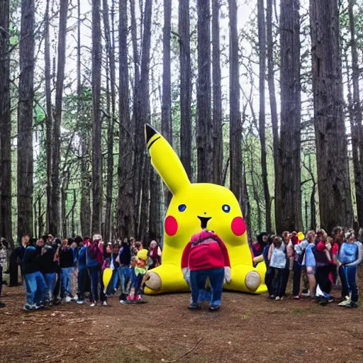 Image similar to photograph of a group of people worshipping a giant pikachu in a forest