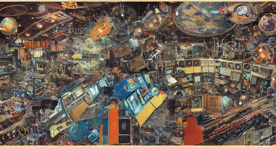 Prompt: collage wide angle view of highly detailed 70s scifi illustration collage of a space station interior with robots playing musical instruments in a music studio