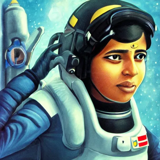 Prompt: a female space cadet from india, resting after a hard mission, happily tired, sci fi character portrait by Vincent deFate