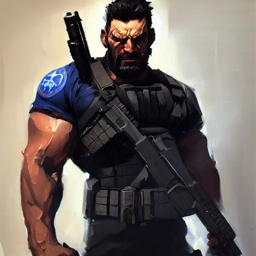 Image similar to greg manchess portrait painting of light frank castle aka punisher as overwatch character, medium shot, asymmetrical, profile picture, organic painting, sunny day, matte painting, bold shapes, hard edges, street art, trending on artstation, by huang guangjian and gil elvgren and sachin teng