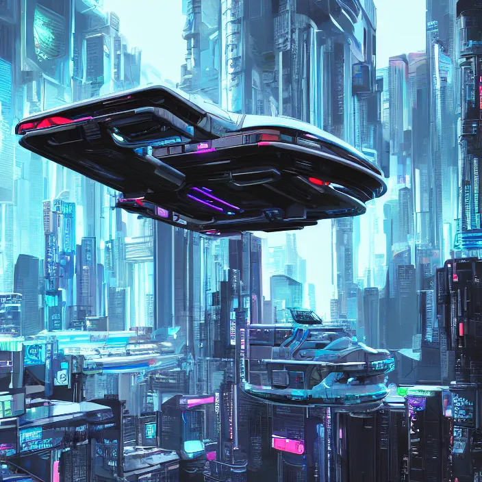 Image similar to a futuristic hovering, cyberpunk modular vehicle in cyberpunk city, cyberpunk futuristic digital art concept