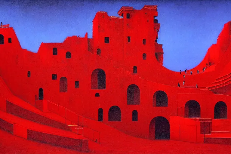 Image similar to only with red, a red great emperor, taormina amphitheatre, expressive crowd with big smile, in the style of beksinski, parts by edward hopper, parts by rodcenko, parts by yue minjun, intricate and epic composition, red by caravaggio, insanely quality, highly detailed, masterpiece, red light, artstation, 4 k