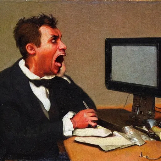 Image similar to an angry man yells at his computer monitor, oil on canvas, 1 8 8 3, highly detailed