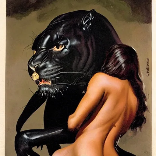 Prompt: a large black jaguar with the head of a beautiful dark-haired woman, Frank Frazetta