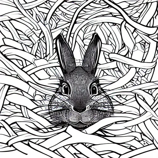 Image similar to black - and - white line art illustration of a playful rabbit in a tangled thicket, smoking a cigarette, with smoke rising from the cigarette, whimsical masterpiece