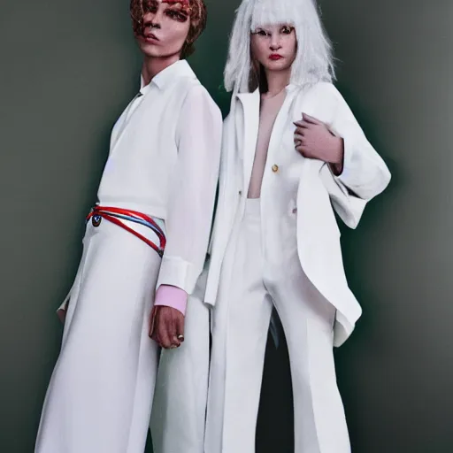 Image similar to detailed photo, kitsch fashion, androgynous people in white clothes, new age, vogue, 4 k, 8 k, fashion photo, fashion magazine