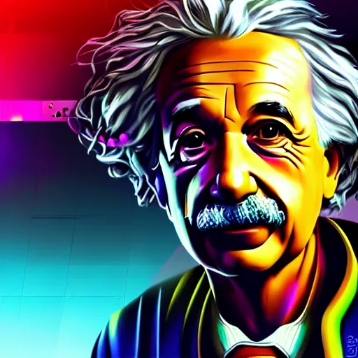 Image similar to high detailed portrait of albert einstein, cyberpunk2077, cyberpunk, neon, light, cool colors, artstation, digital illustration