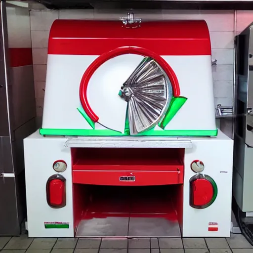 Image similar to white red and green evangelion unit 02 in front of a pizza oven making pizza