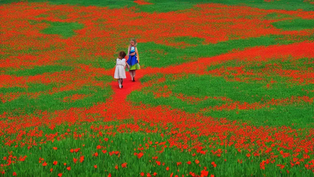 Image similar to dorothy and toto walk down the yellow brick road through a field of poppies, emerald city looms in the distance, technicolor, 4 k