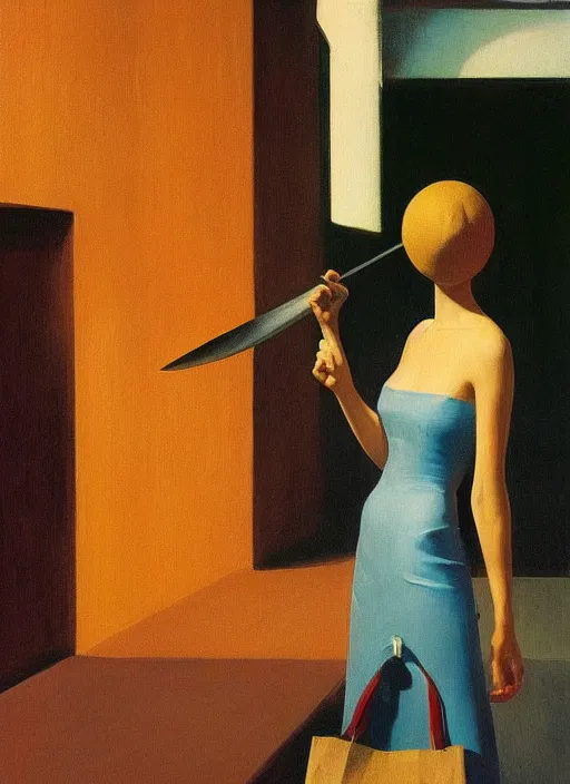 Image similar to women in paper bag over the head and a sward at catwalk restaurant Edward Hopper and James Gilleard, Zdzislaw Beksinski, highly detailed