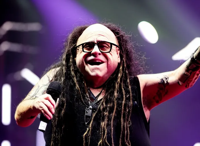 Image similar to publicity photo still of danny devito touring with korn live on stage, 8 k, live concert lighting, mid shot