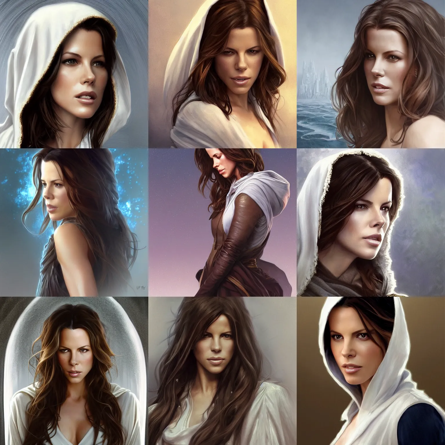 Prompt: ultra realistic illustration, a kate beckinsale in a white hood, with brown hair, with blue eyes, intricate, elegant, highly detailed, digital painting, artstation, concept art, smooth, sharp focus, illustration, art by artgerm and greg rutkowski and alphonse mucha