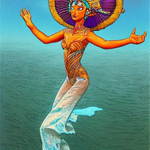 Image similar to mayan priestess floating over an ocean, sharp focus, moebius, print, cinematic, surreal