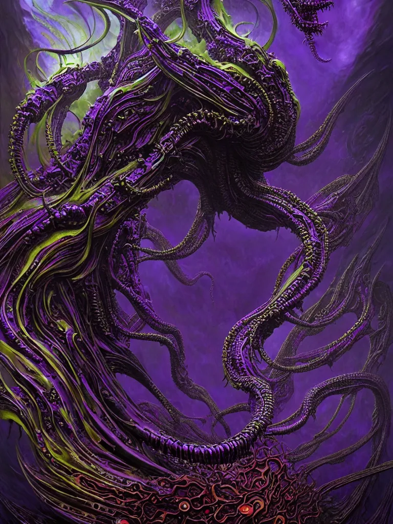 Prompt: depicting a wrathful technological nightmare monster god, in the style of h. p. lovecraft, exuberant organic elegant forms, by karol bak and filip hodas : : 1. 4 purple, red, blue, green, black intricate mandala explosions : : intuit art : : turbulent water backdrop : : damask wallpaper : : atmospheric