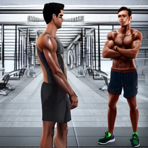 Image similar to a realistic detailed photo of a guy who is an attractive humanoid who is half robot and half humanoid, who is a male android, attractive and handsome jogger, shiny skin, posing like a statue, blank stare, in a factory, on display, showing off his muscles, wearing gym shorts, side view, looking at each other mindlessly