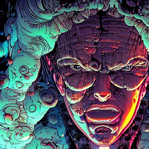 Image similar to closeup of face melting in agony, inside dark oil, frontal picture, by masamune shirow, josan gonzales and dan mumford