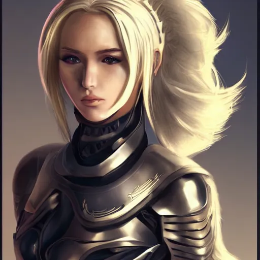 Prompt: a beautiful woman wearing futuristic armor, blonde, long hair, pixiv, hyperrealistic