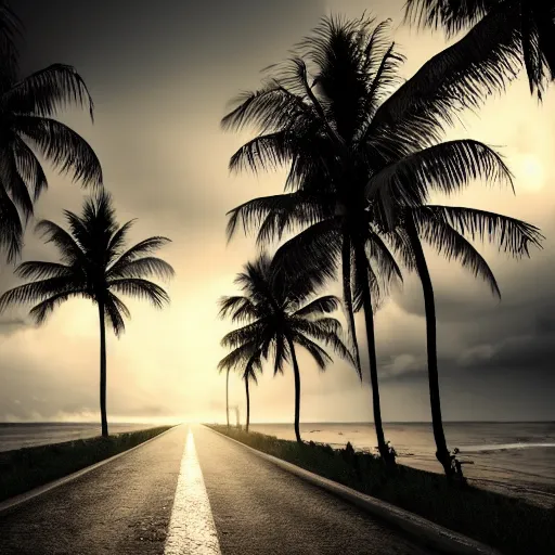 Image similar to dimly lit road at night after rain that leads to a small cozy beach surrounded by palm trees, shot from sky, desaturated, photorealistic, beautiful, sharp, highly detailed, artstation, pixvy