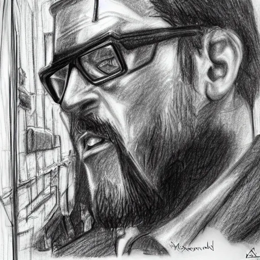 Prompt: pencil sketch of Gordon Freeman breaking the simulation