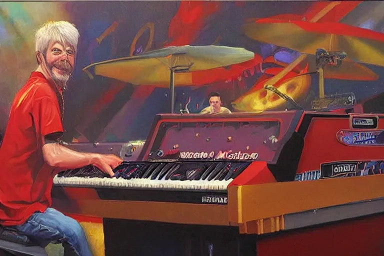 Image similar to portrait of michael mcdonald playing keyboard on stage at chuck e cheese, an oil painting by ross tran and thomas kincade