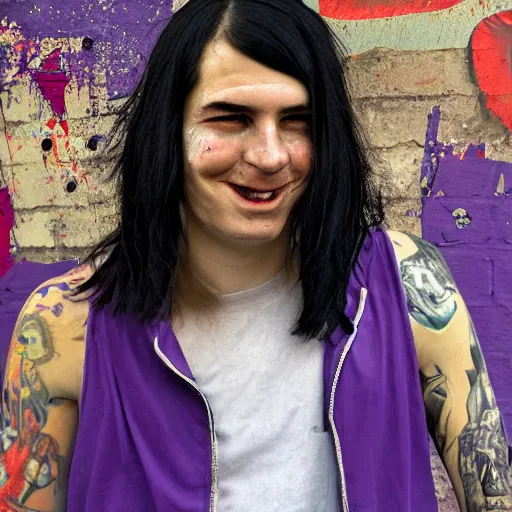 Prompt: highschool senior with middle long black hair, shaven face, silver earring, violet tight tanktop, he is smirking into the viewers eye, agfa akurit, moody, soft skin, street photography, lomography, blurred, skateboard, painted by derek gores, simon bisley